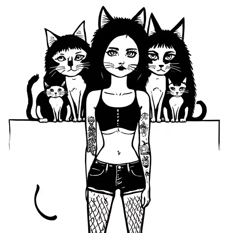 woman punk with gang of cats tattoo design idea
