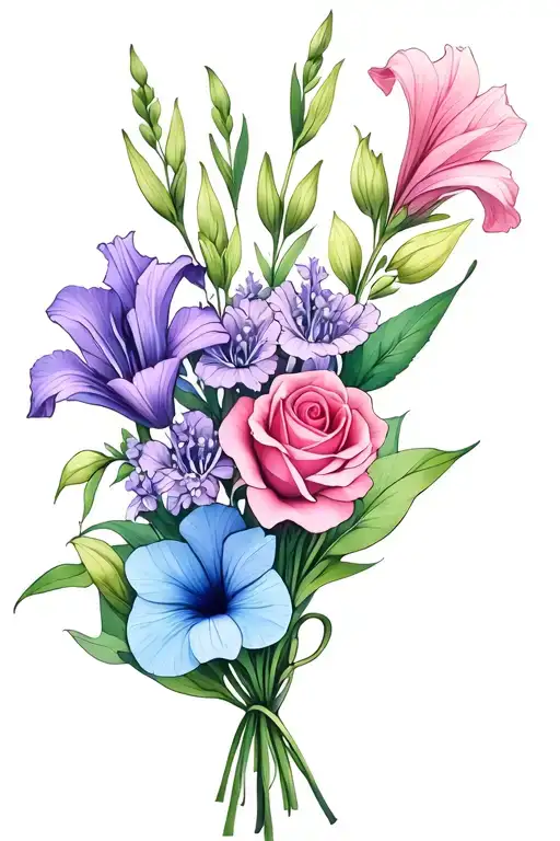 gladiolus, jonquil, lilac rose, sweet pea birth flower bouquet. I like colors: blues, pinks, purples, cyan tattoo design idea