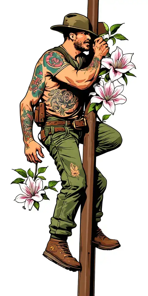 journeyman power lineman climbing pole with lilys magnolias and roses for a man tattoo design idea