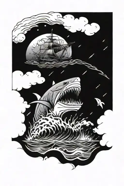a ship is moving in a storm. below a shark is jumping on a ship with its mouth open. in the background there are mountains in the fog, clouds above tattoo design idea