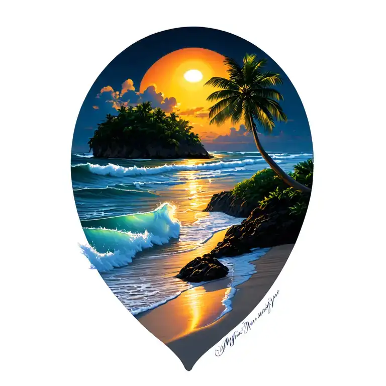 Costa Rica beach sunset with one palm and island in background and waves breaking on beach tapering off at bottom tattoo design idea