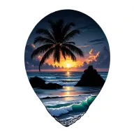 Costa Rica beach sunset with one palm and island in background and waves breaking on beach tapering off at bottom tattoo design idea