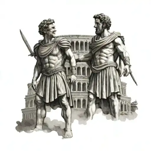julius caesar and marcus aurelius standing infront in the middle of the Colosseum tattoo design idea