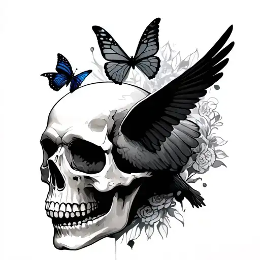 skull and dove with small butterfly emerging tattoo design idea