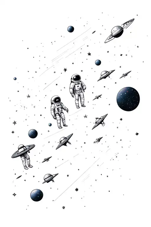 monochromatic space themed tattoo w galaxies, interstellar nebulas, starships and lots of astronaut  tattoo design idea