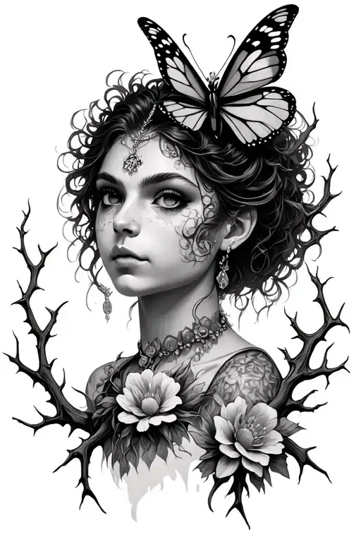 Gargona with a butterfly necklace and branches with thorns and flowers on the sides tattoo design idea