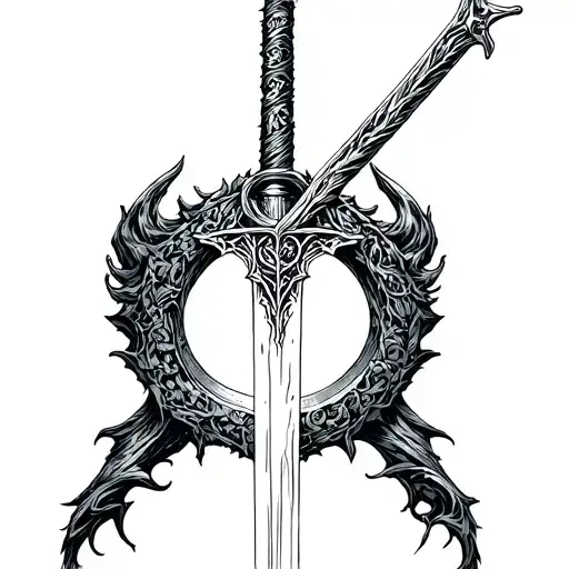 lord of the rings sauron, balrog, narsil sword and ring design. renaissance style art tattoo design idea