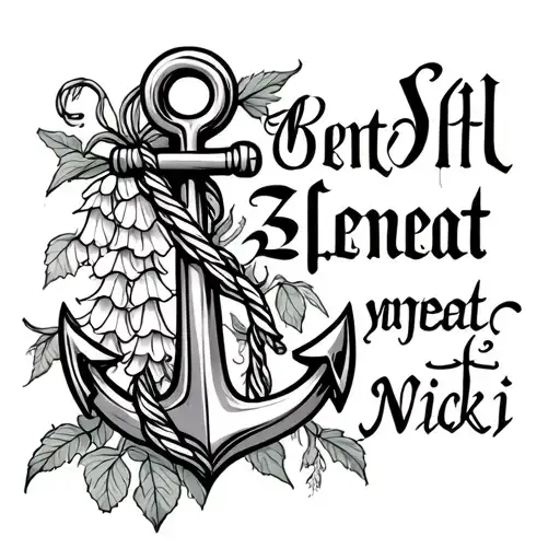 ships anchor intertwined with foxglove and text beneat in Old English font saying Nicki tattoo design idea