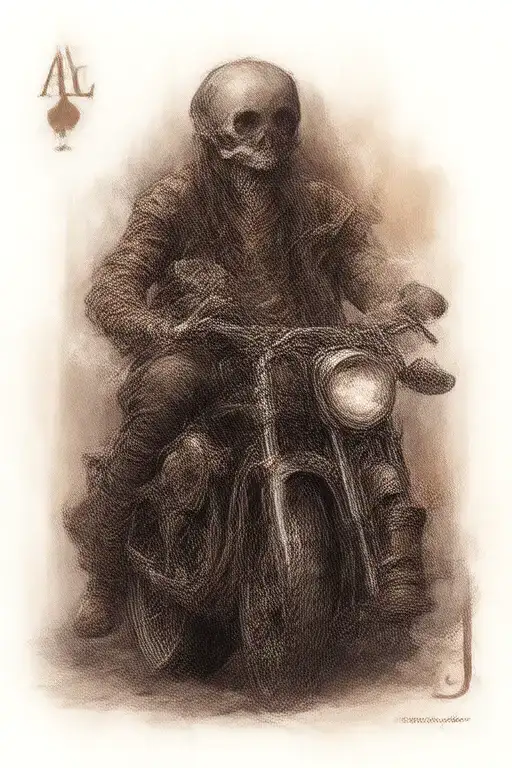 skeleton riding a motorcycle smoking a cigarette, ace of spades card, liquor tattoo design idea