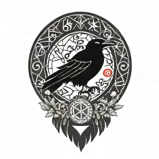 Design a Nordic-style tattoo with a raven above the Gemini sign, surrounded by Nordic runes. Incorporate nature elements tattoo design idea