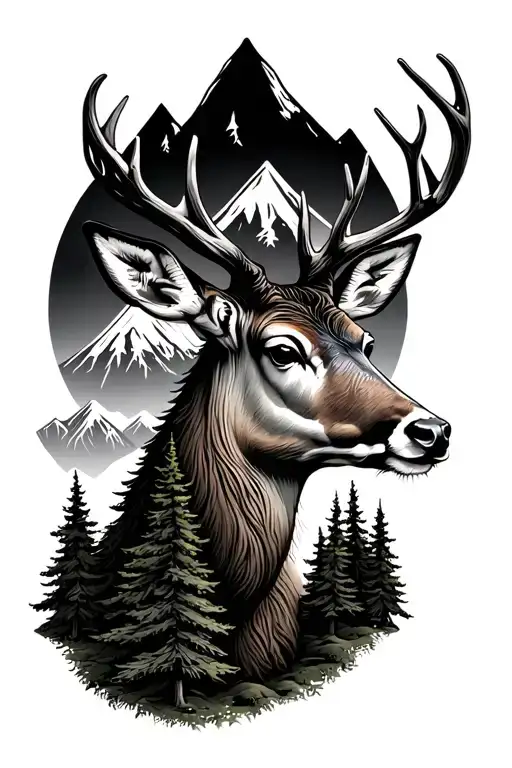 Mountians with trees and deers head with a nqture tattoo design idea