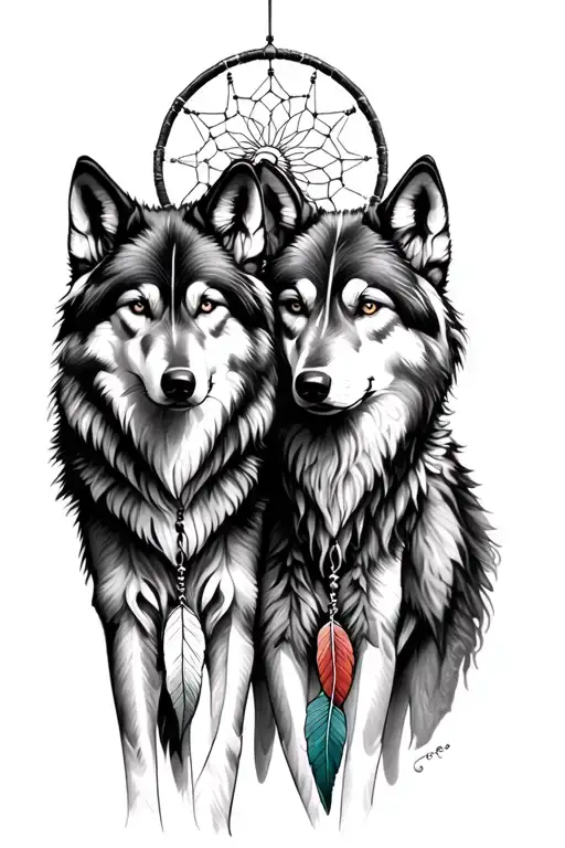 Two detailed wolfs with a dreamcatcher tattoo design idea