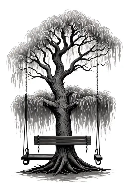 weeping willow tree with a bench swing hanging from it tattoo design idea