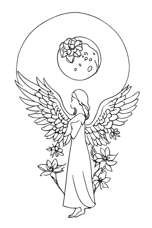 flowers, moon, 444 baby angel tattoo design idea