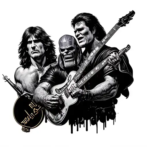 led zeppelin, beatles, elvis, star wars, wwe, bvb and , thanos in one tatto - a small tatoo for the arm. 2025 aesthic tattoo design idea