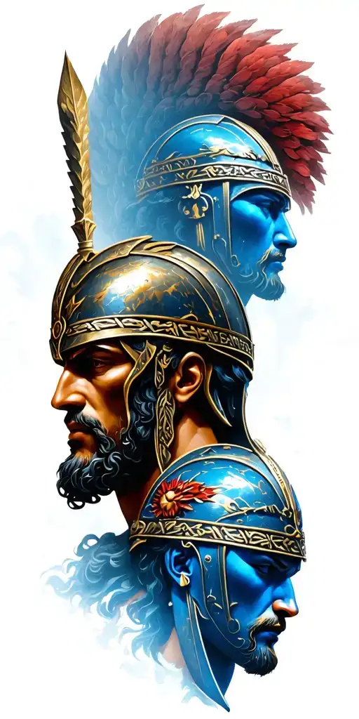 Hephaestus and Athena and Hermes and Apollo and Ares and Hephaestus and Poseidon  Greek god warriors with helmet tattoo design idea