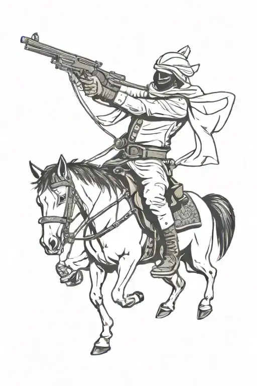 a bandit sitting on horse, in Indian traditional black plane kurta , double barrel gun hanging on his back, tattoo design idea