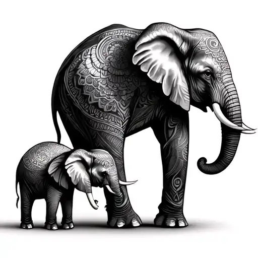 mum elephant with 2 baby elephant different ages with mandala background tattoo design idea