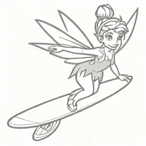 I want you to draw me Tinker Bell, a Peter Pan character holding a surfboard, make it as simple as possible tattoo design idea