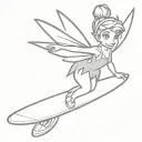 I want you to draw me Tinker Bell, a Peter Pan character holding a surfboard, make it as simple as possible tattoo design idea