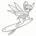 I want you to draw me Tinker Bell, a Peter Pan character holding a surfboard, make it as simple as possible tattoo design idea