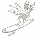 I want you to draw me Tinker Bell, a Peter Pan character holding a surfboard, make it as simple as possible tattoo design idea