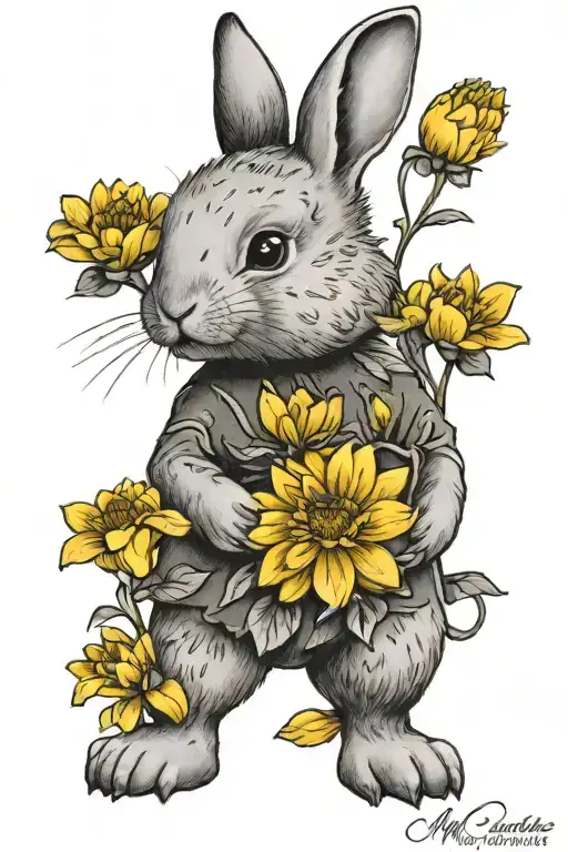 little bunny smelling a yellow chrysanthemum flower with a writing "mia coniglietta" in cursive below it tattoo design idea