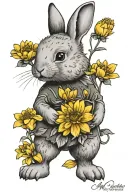 little bunny smelling a yellow chrysanthemum flower with a writing "mia coniglietta" in cursive below it tattoo design idea