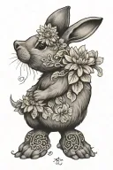 little bunny smelling a yellow chrysanthemum flower with a writing "mia coniglietta" in cursive below it tattoo design idea