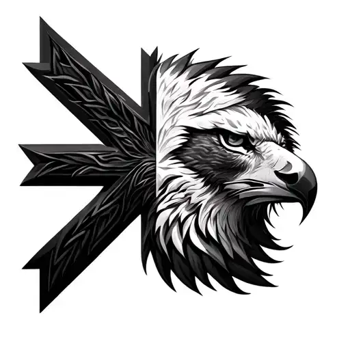 abstract cross with half lion head on one side and half eagle head on the other side tattoo design idea