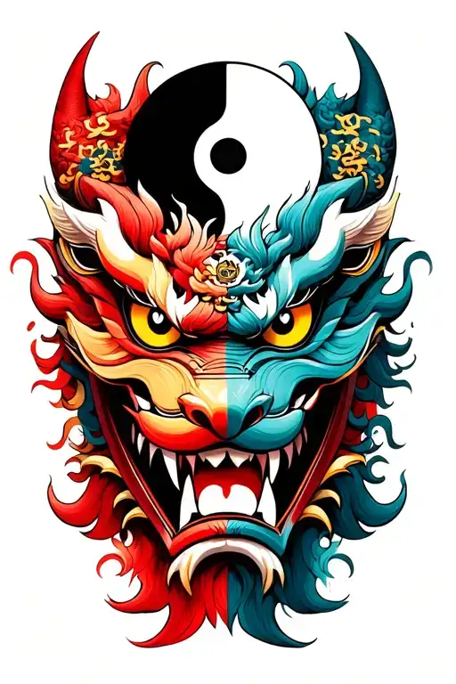 demon mask. But using the same silhouette looking at it upside down a komainu there should be a yin yang as an eye tattoo design idea