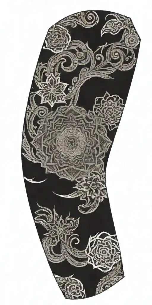 Blend Buddhist mandala, fine-line wood grain, anime elements, and subtle gaming symbols into a cohesive, flowing design tattoo design idea