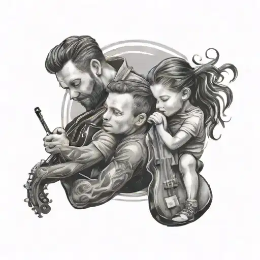 dad, daughter and son music tattoo design idea