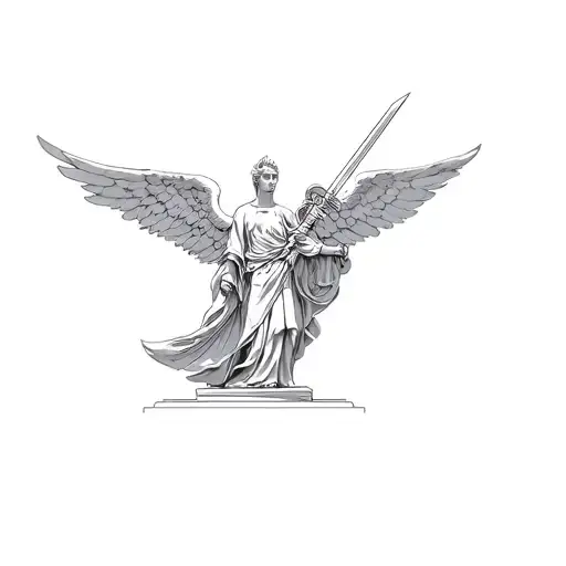 a statue of an angel with full sword and no face. he is a protector angel with light shining above his head tattoo design idea
