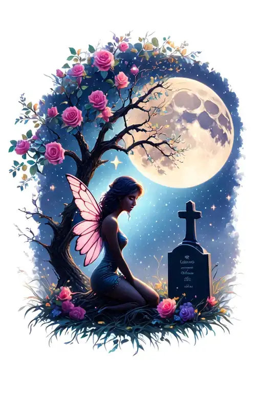 night sky with moon and stars rose tree with a fairy silhouette kneeling next to grave tattoo design idea
