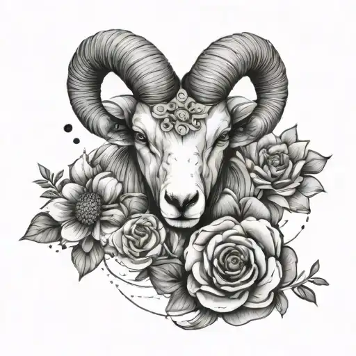 aries constellation ram and flower intertwined tattoo design idea