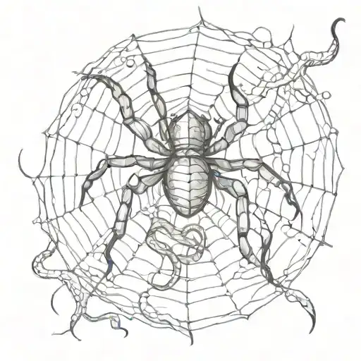 Spider and Web: A large spider at the end of its web, with a snake twisting within it and a scorpion on the side, as if  tattoo design idea