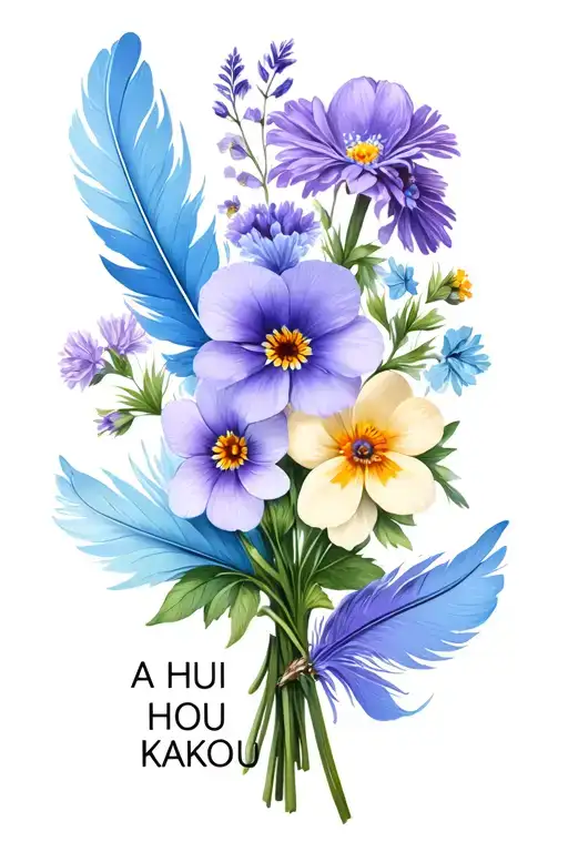 "A HUI HOU KAKOU" violets, primroses,  asters flower bouquet with light blue, lavender and cream boho feathers  tattoo design idea