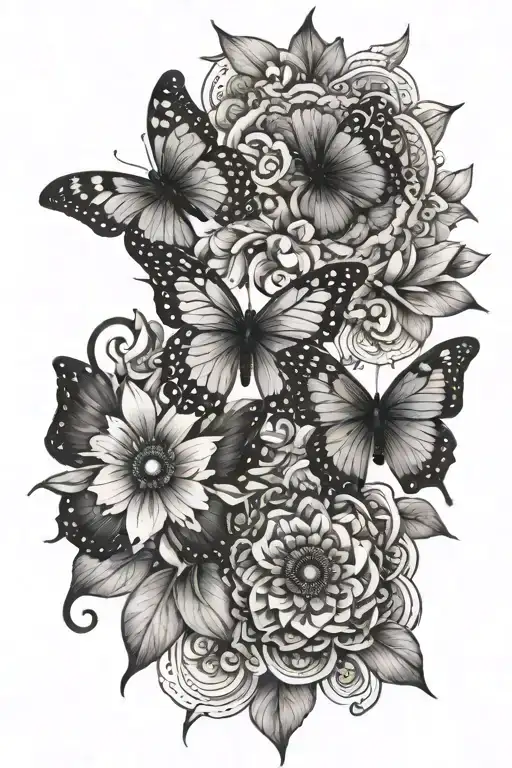 blackbutterflies with mandala flowers tattoo design idea