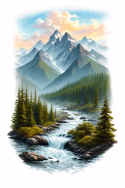 stream, forest, mountains tattoo design idea