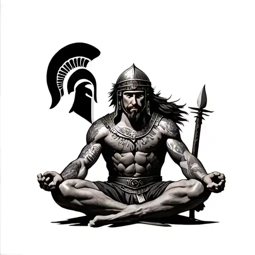 Roman warrior with his Spartan helmet, in uniform, sitting in the lotus position, with tattoos tattoo design idea