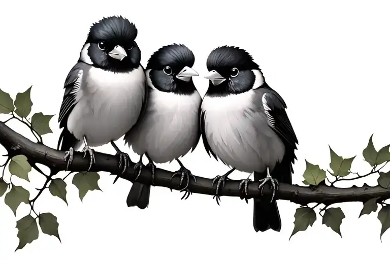 3 fluffy birds on ivy branch facing each orher tattoo design idea