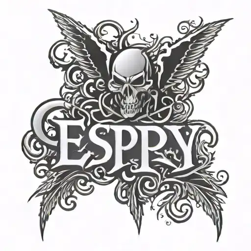 Word "espy" in a black metal band logo style tattoo design idea