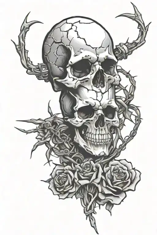 skull hearts and barbed wire tattoo design idea