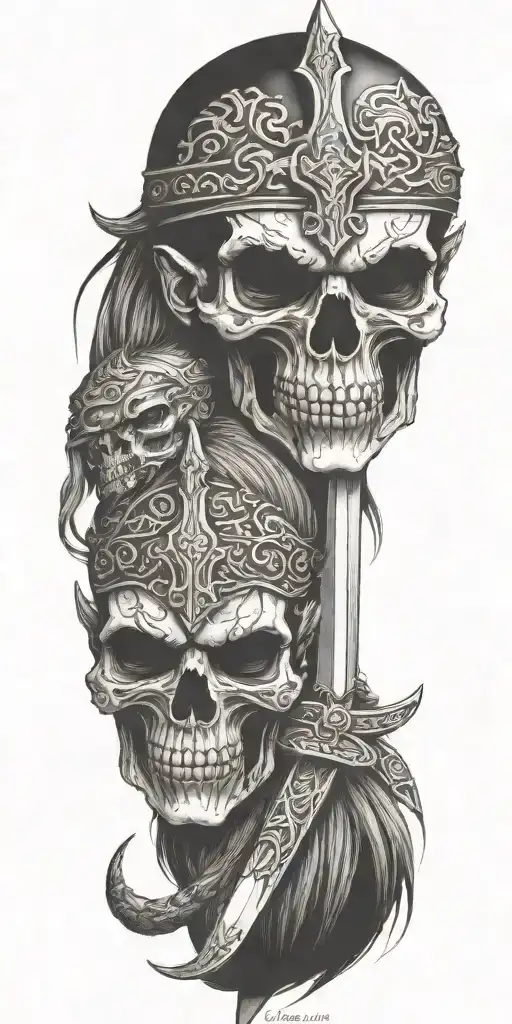 viking zombie girl all bloody sword with cuff tattoo design idea