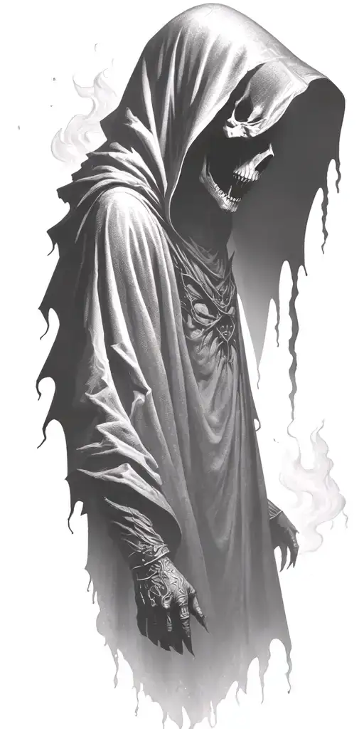 hooded reaper silohuette, smoke, fire, scary, bat wings tattoo design idea