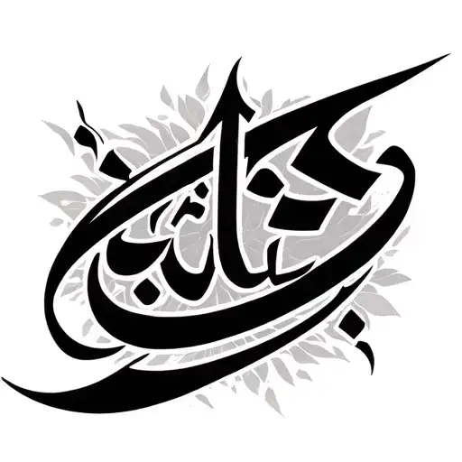 Create a black and grey half-sleeve tattoo design on a male arm. The central focus is Arabic calligraphy  tattoo design idea