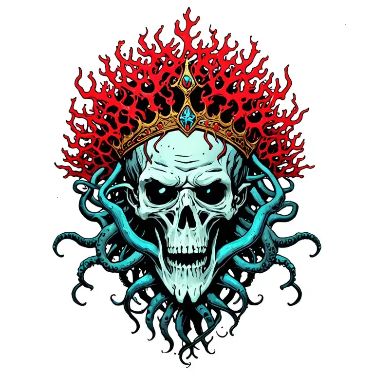 King Of Bones With A Coral Crown, Hades 2 Style, Eldritch, Tentacles, Lovecraftian, Deep Sea tattoo design idea