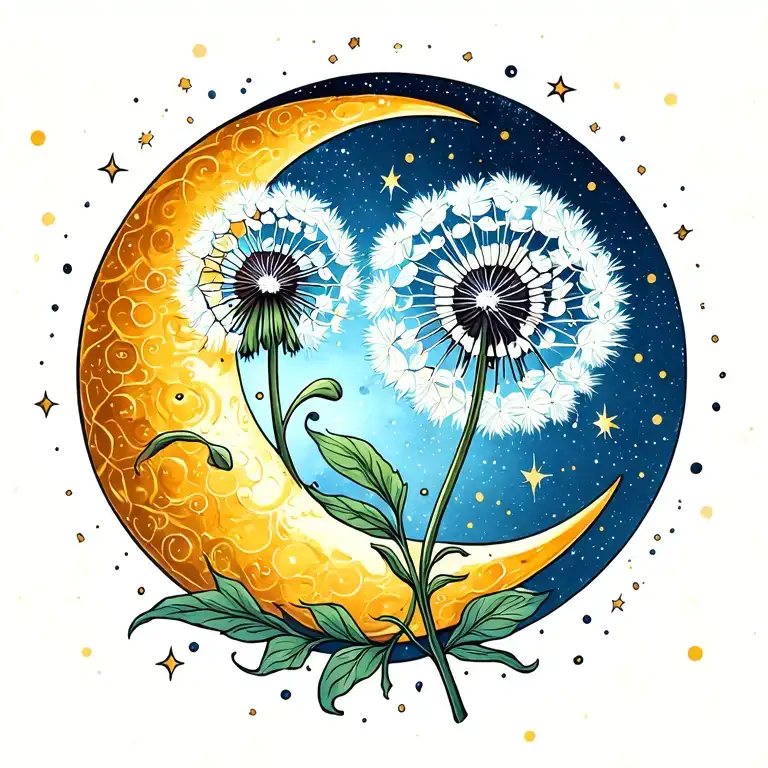 dandelion flower wth crescent moon and stars swirling within a galaxy tattoo design idea