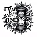 "Time waits for no one" hourglass floral design tattoo design idea